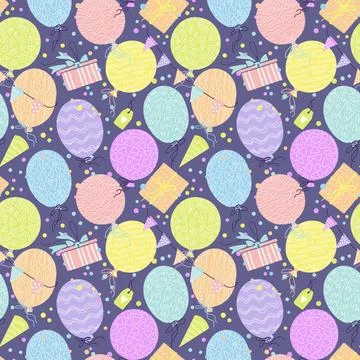 Celebration vector seamless pattern with gift boxes, confetti, balloons. Co.. Stock Illustration