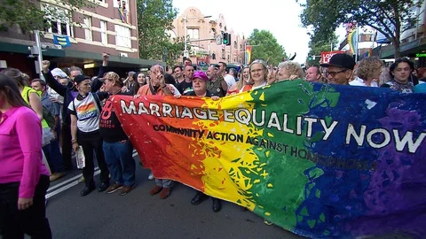 Celebrations as Australia changes Same Sex Marriage Laws Stock Footage 129390353