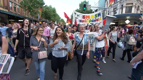 Celebrations as Australia changes Same Sex Marriage Laws Stock Footage 129390940