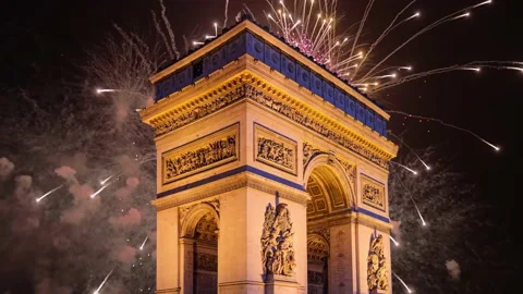 Celebratory fireworks over the Arc de Triomphe ( 4K, time lapse), Paris, France Stock Footage 239661663