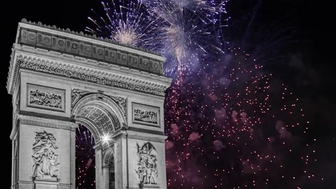 Celebratory fireworks over the Arc de Triomphe ( 4K, time lapse), Paris, France. Video stock 239663248