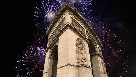 Celebratory fireworks over the Arc de Triomphe ( 4K, time lapse), Paris, France. Video stock 239668278