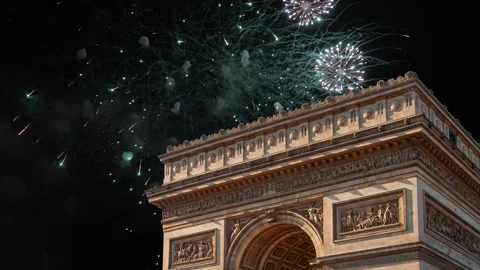 Celebratory fireworks over the Arc de Triomphe ( 4K), Paris, France Stock Footage 240933332