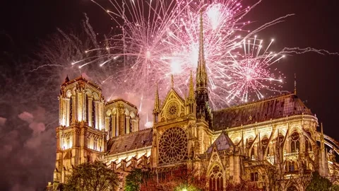Celebratory fireworks over the Notre Dame de Paris, Paris, France Stock Footage 242532753