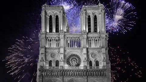 Celebratory fireworks over the Notre Dame de Paris, Paris, France Stock Footage 242533403