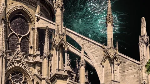 Celebratory fireworks over the Notre Dame de Paris, Paris, France Stock Footage 242535556