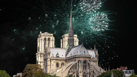 Celebratory fireworks over the Notre Dame de Paris, Paris, France Stock Footage 242535596