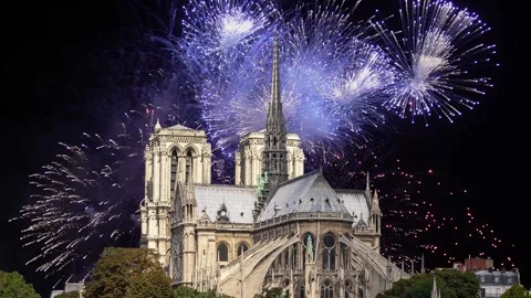 Celebratory fireworks over the Notre Dame de Paris, Paris, France Stock Footage 242535618