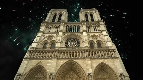 Celebratory fireworks over the Notre Dame de Paris (with zoom), France Stock Footage 244458053