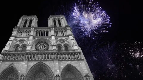 Celebratory fireworks over the Notre Dame de Paris (with zoom), France Stock Footage 244460153