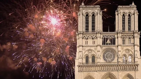 Celebratory fireworks over the Notre Dame de Paris (with zoom), France Stock Footage 244460853