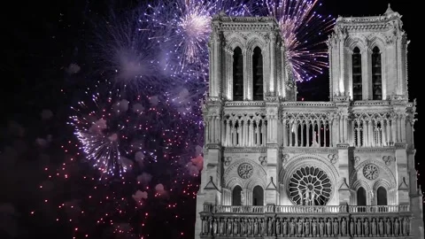 Celebratory fireworks over the Notre Dame de Paris (with zoom), France Stock Footage 244462453