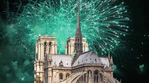 Celebratory fireworks over the Notre Dame de Paris (with zoom), France Stock Footage 244463053