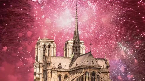 Celebratory fireworks over the Notre Dame de Paris (with zoom), France Stock Footage 244463243