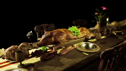 Celebratory meal featuring roasted bird and seasonal decor elements Stock Footage 340664573