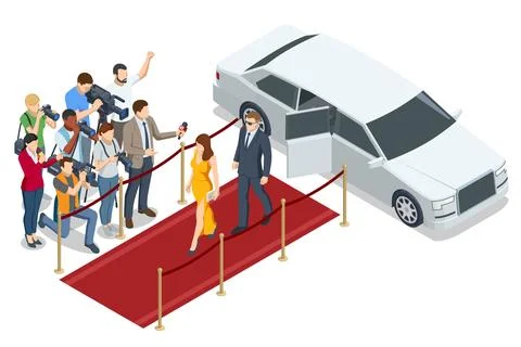 Celebrity couple on red carpet with security. Isometric red carpet scene with Stock Illustration