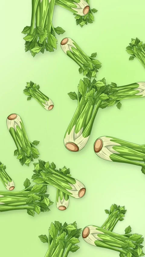 Celery Bunches Falling Downward on a Light Green Background Stock Footage 342316164