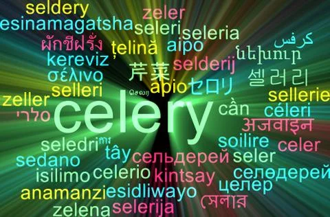 Celery multilanguage wordcloud background concept glowing Stock Illustration