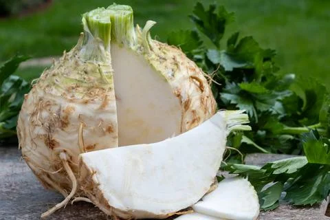 Celery root - celeriac, source of vitamins, fresh healthy vegetable, wedge Stock Photos