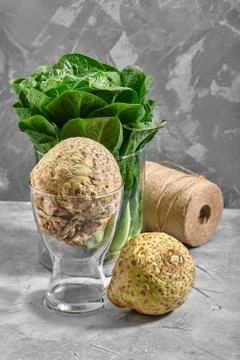 Celery root with leaves, vegetables from local market, farm fresh produce, empty Stock Photos