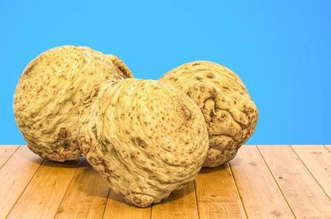 Celery roots close-up 3d rendering with realistic texture on the wooden table Illustrazione stock