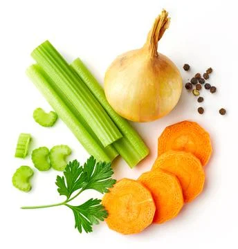 Celery sticks, carrot, black pepper, onion and parsley isolated on white, fro Stock Photos