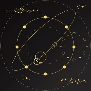 Celestial abstract background. Gold shapes and stars on a black background Stock Illustration