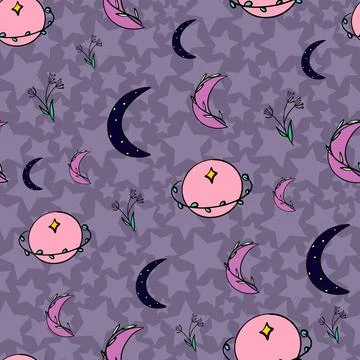 Celestial abstract seamless vector pattern design, purple background Illustrazione stock
