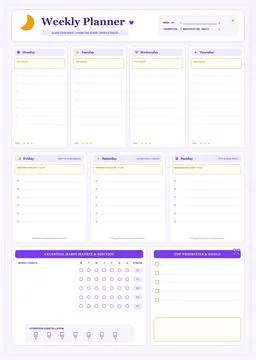 Celestial aesthetic weekly planner page template with crescent moon purple Stock Illustration