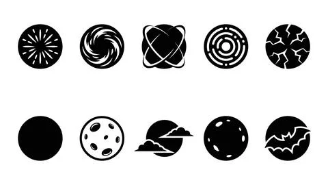 Celestial and abstract circle symbol collection featuring moon phases and e.. 스톡 일러스트