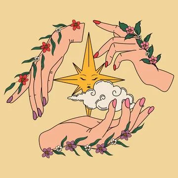 Celestial Art with Blooming Hands and Dreamy Sun Stock-Illustration