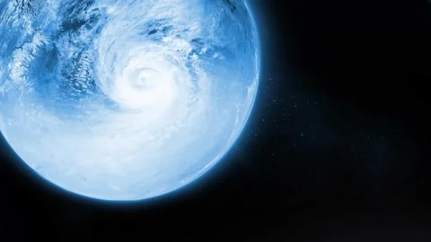 Celestial art, Spaceship window frame with remote planet with icy surface at Stock Footage 306044381