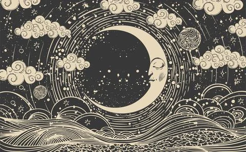 Celestial astrological moon chart with face, vector crescent moon esoteric zo Stock Illustration