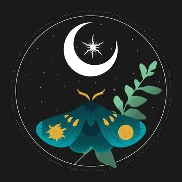 Celestial background with blue moth, star and crescent moon Stockillustratie