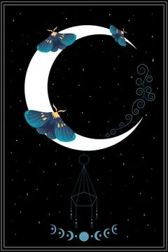 Celestial background with blue moths, stars and crescent moon Stock Illustration