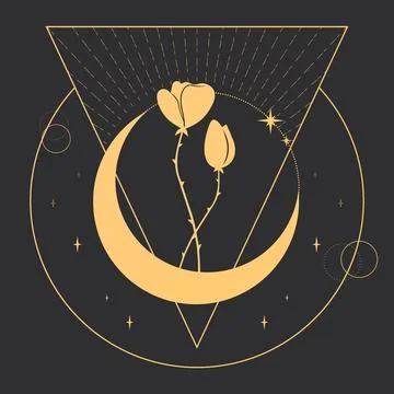 Celestial background with a crescent, stars and flowers. Magical vector Stock Illustration