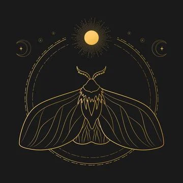 Celestial background with golden moth, sun and crescent moon. Magical Illustrazione stock