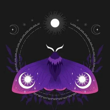Celestial background with purple moth, sun and crescent moon. Vector Ilustração Stock