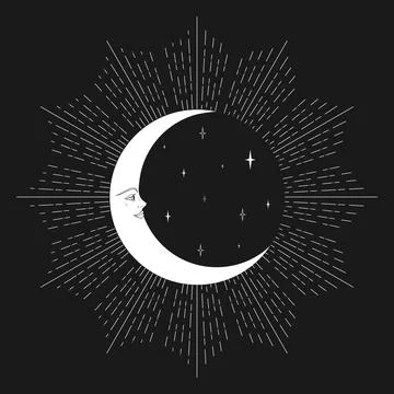 Celestial background with a shiny crescent and stars. Monochrome Stock Illustration