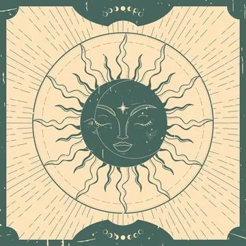 Celestial background with a sun and crescent. Spiritual chart, magic board Stock Illustration