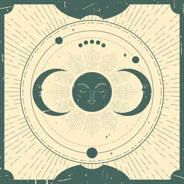 Celestial background with a sun and crescents. Spiritual chart, magic board Stock Illustration