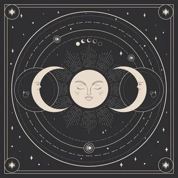 Celestial background with a sun and two crescents. Magical vector 스톡 일러스트