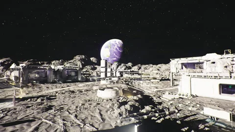 Celestial base featuring robotic vehicles and communication systems Vídeos de archivo 339617768
