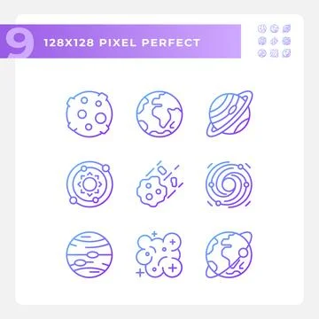 Celestial bodies pixel perfect gradient linear vector icons set Ilustración de archivo