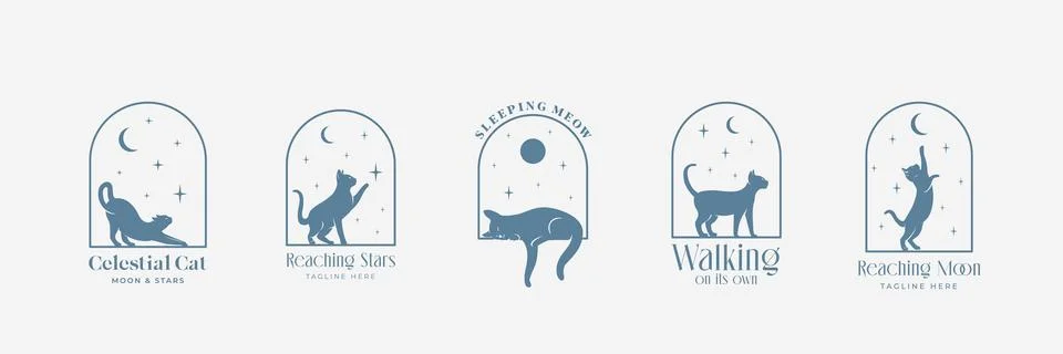 Celestial boho arch frame with cat, moon and stars logos set. Vector minimal Ilustração Stock