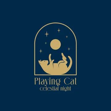 Celestial boho arch frame with cat, moon and stars logo Template. Vector minimal Ilustración de archivo