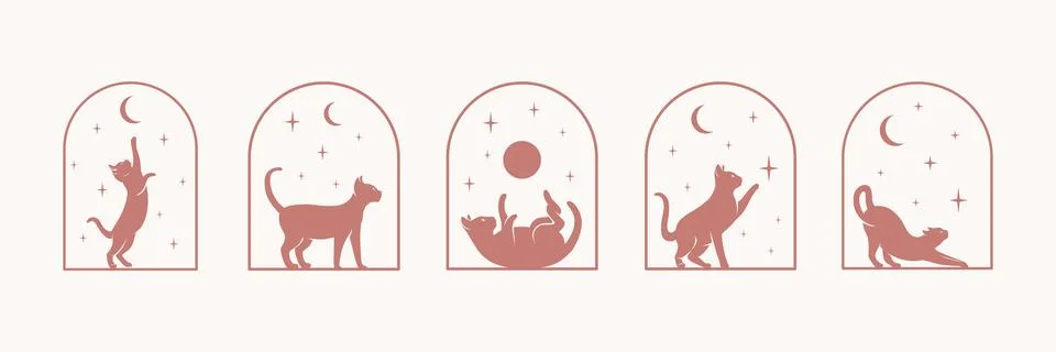 Celestial boho arch frame with cat, moon and stars logos set. Vector minimal Ilustração Stock