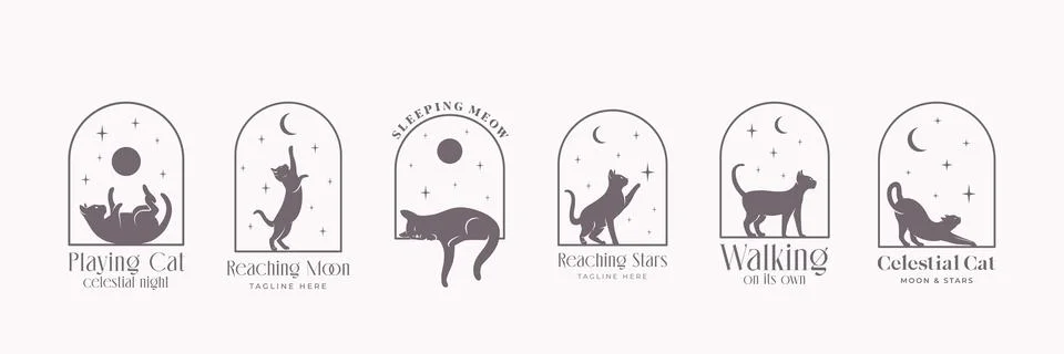Celestial boho arch frame with cat, moon and stars logos set. Vector minimal Ilustração Stock