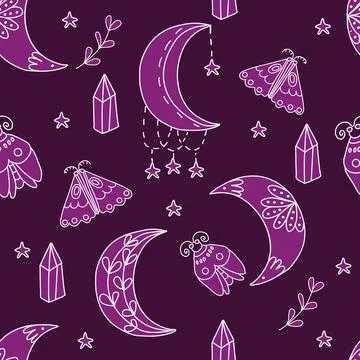 Celestial boho pattern with moon, stars, crystal, moth Stock Illustration