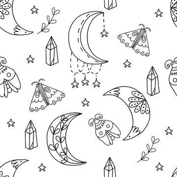 Celestial boho pattern with moon, stars, crystal, moth Stock Illustration
